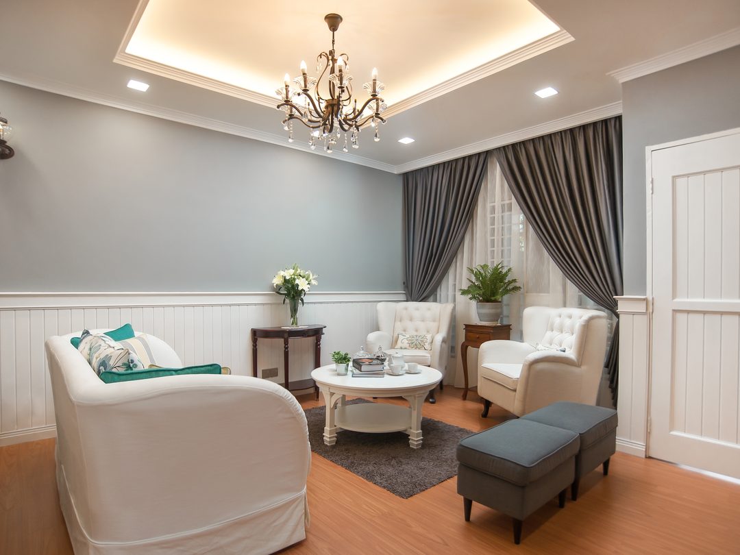 Living room in English classic style with wainscoting